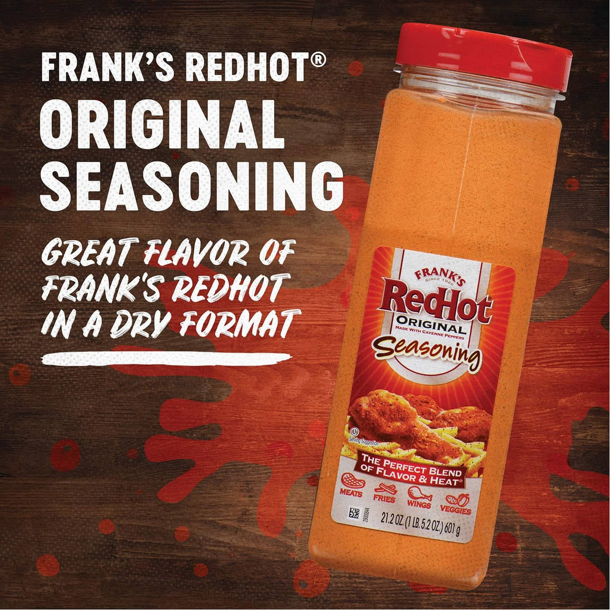 Frank's RedHot Original seasoning container with prominent red label
