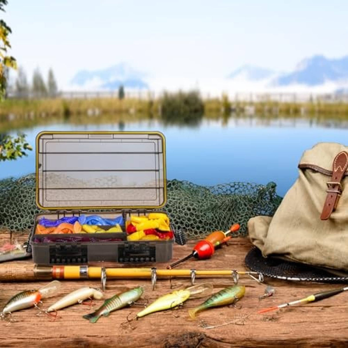 Waterproof fishing tackle box with clear lid open, holding bait in split compartments