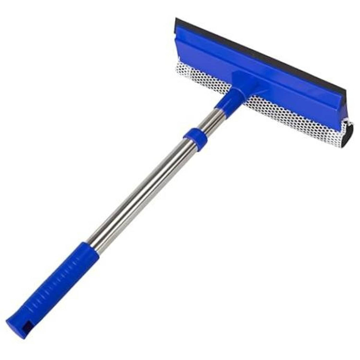 Retractable blue window squeegee with stainless steel handle and serrated sponge
