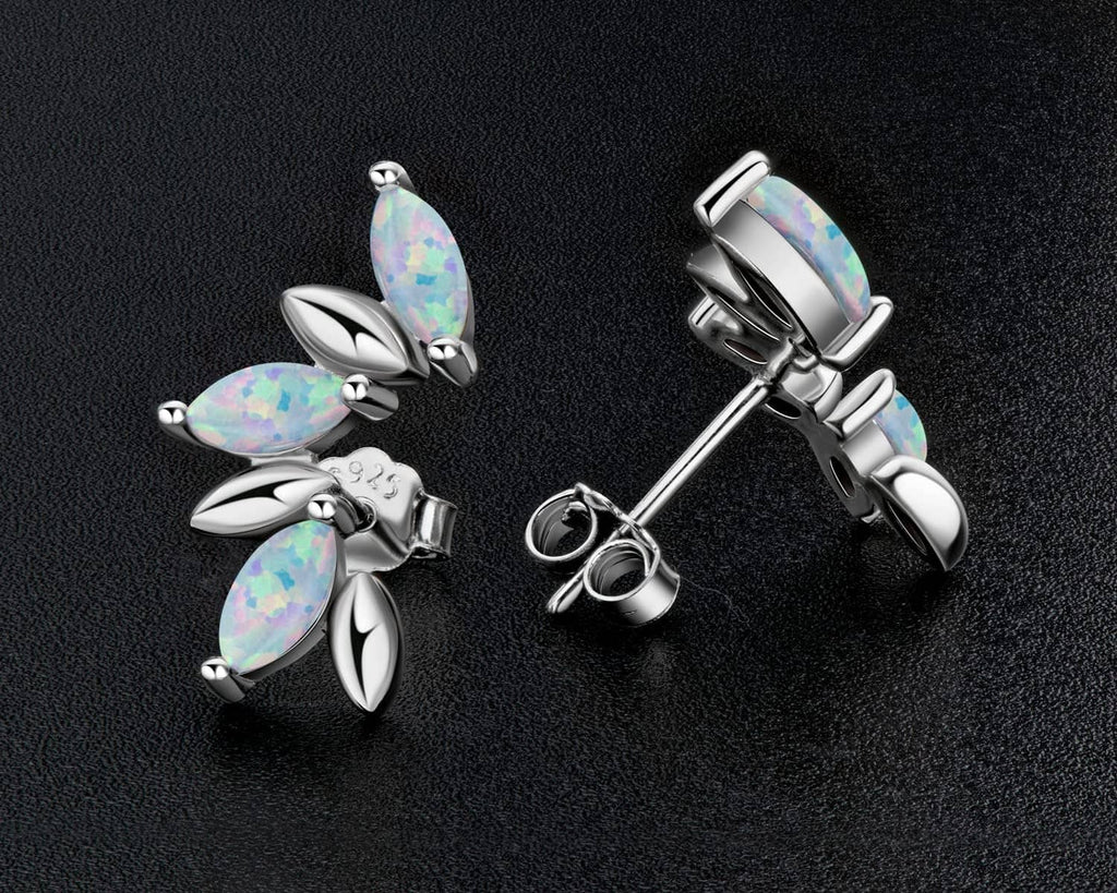 Sterling silver opal stud earrings, marquise stones with hinged backs and ball posts
