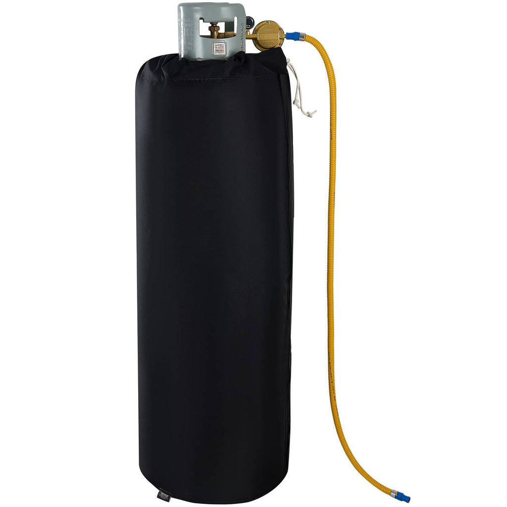 Black insulated gas cylinder warmer cover with top valve unit and yellow hose connection.