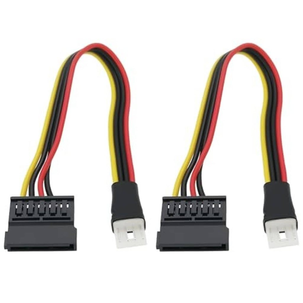 4-pin FDD male to 15-pin SATA female adapter cable pair with red/yellow/black wiring