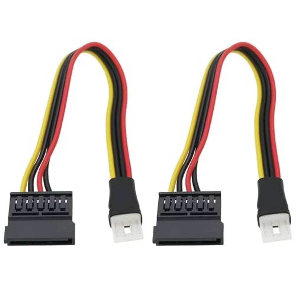 4-pin FDD male to 15-pin SATA female adapter cable pair with red/yellow/black wiring