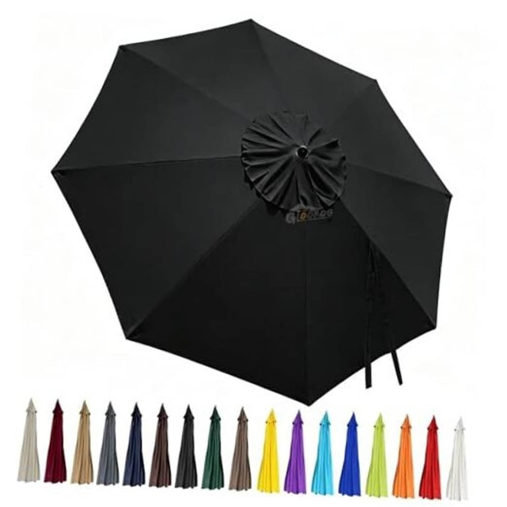 Black patio umbrella replacement canopy with center vent and ruffled finial