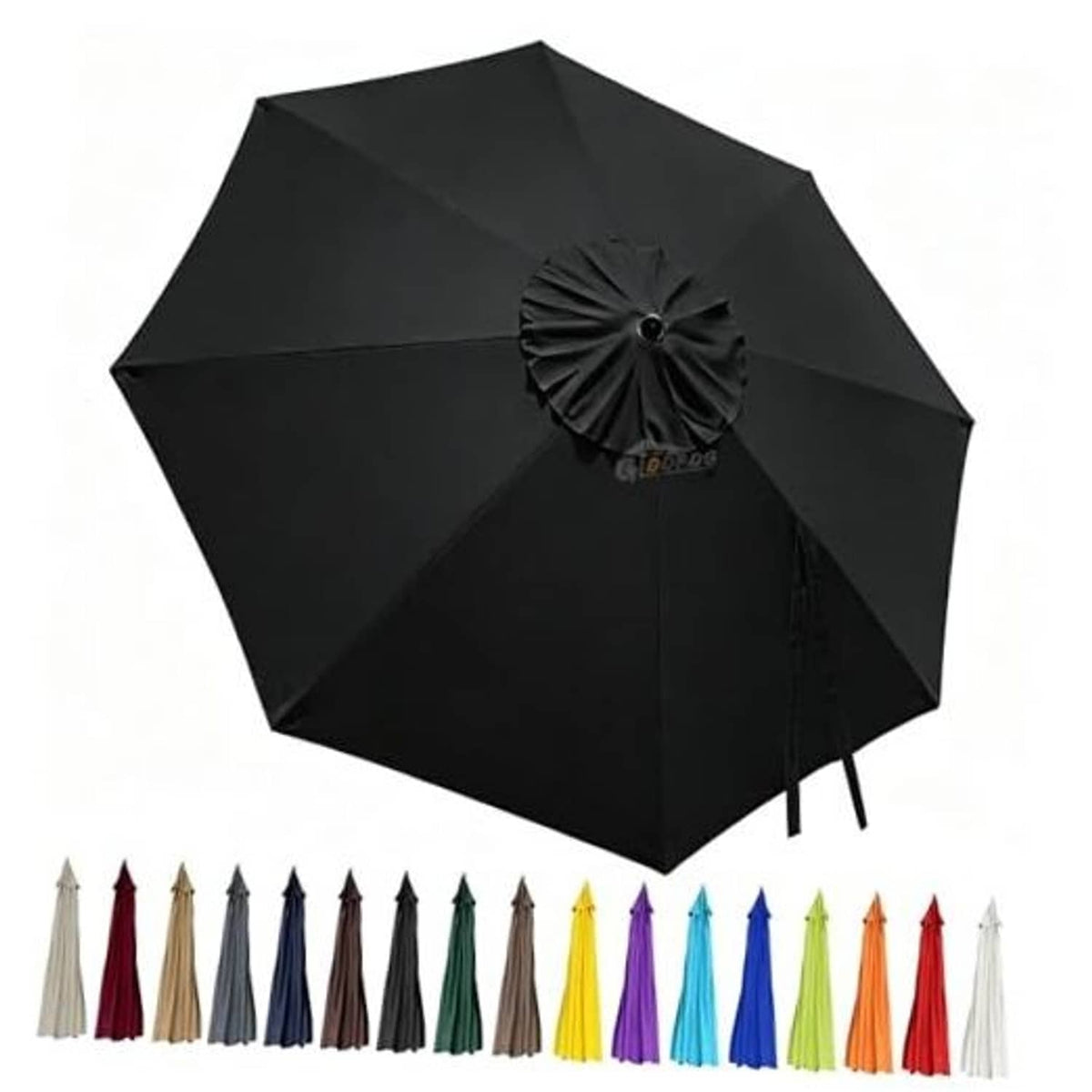 Black patio umbrella replacement canopy with center vent and ruffled finial