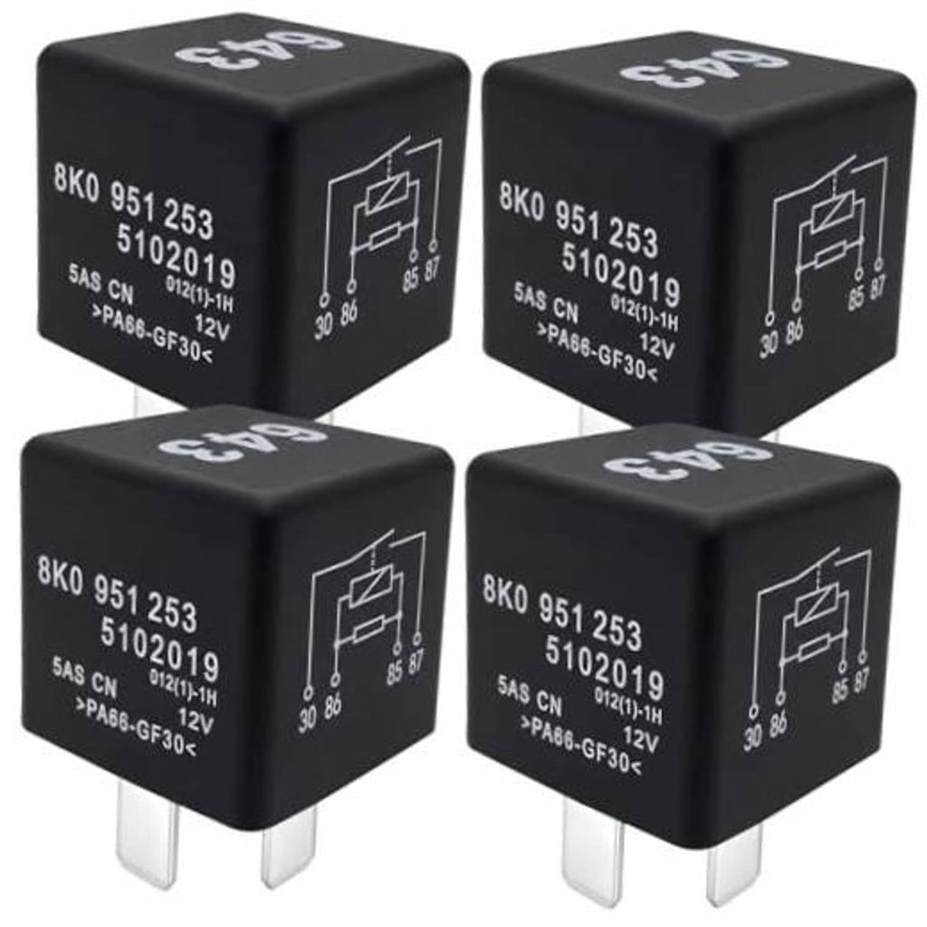 Black 4-pin automotive relay with white markings and two visible plug terminals