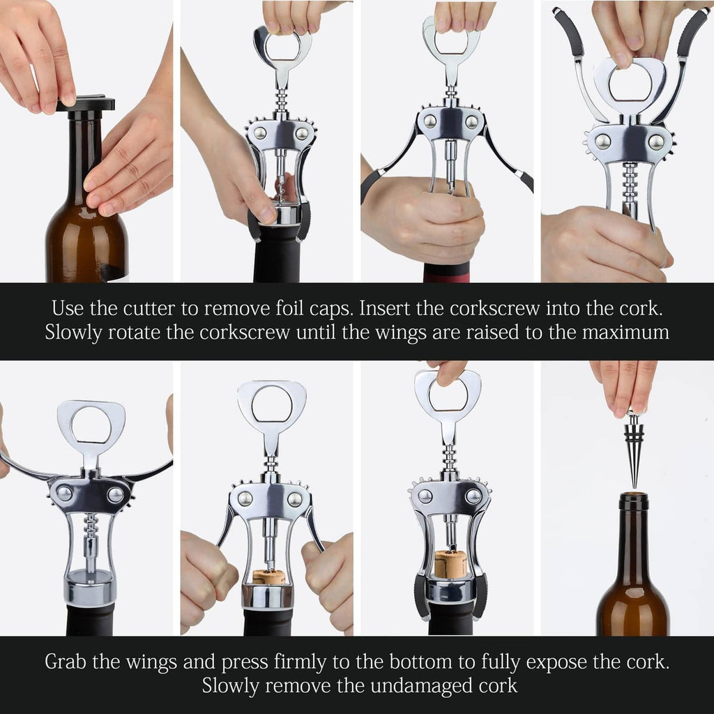 Foil cutter and corkscrew steps shown with hands using the wine opener