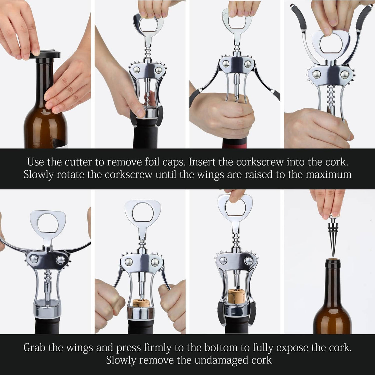 Foil cutter and corkscrew steps shown with hands using the wine opener