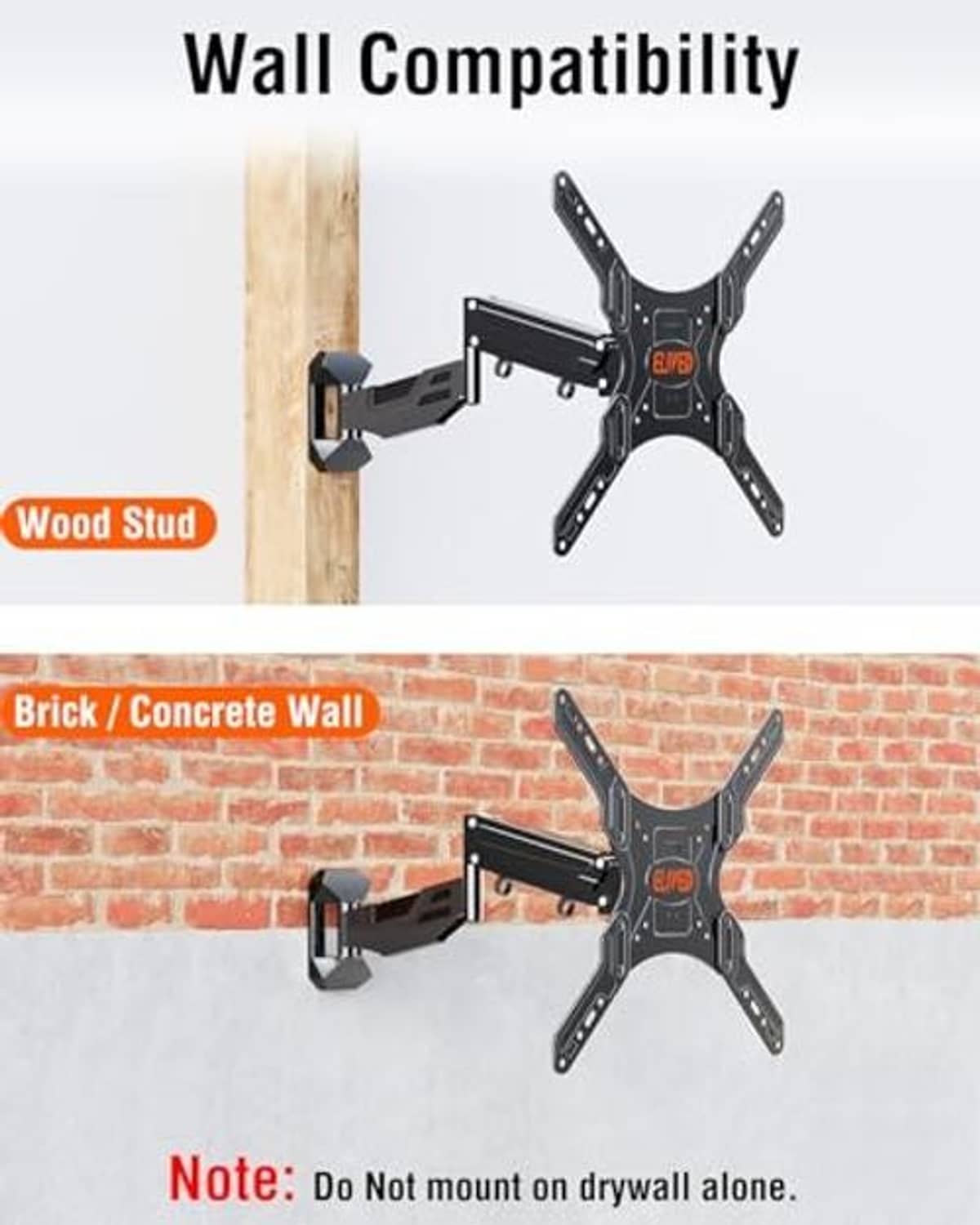 Black TV wall mount bracket for wood stud or brick wall with VESA arms