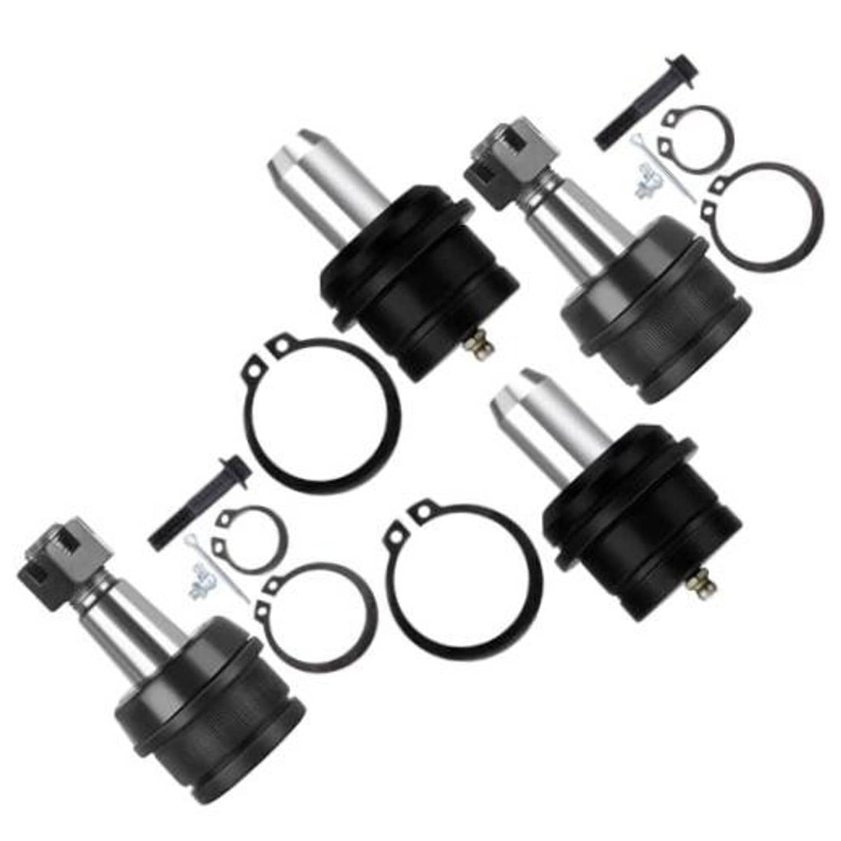 4-piece front suspension ball joint kit with black boots, metal housings, and rings