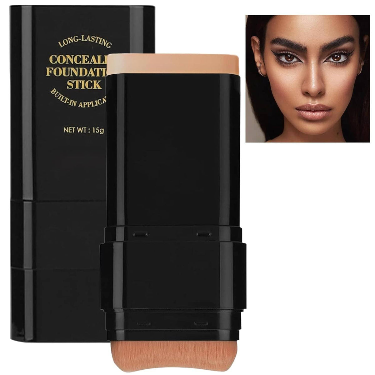 Dual-ended concealer foundation stick in black case with applicator brush front view