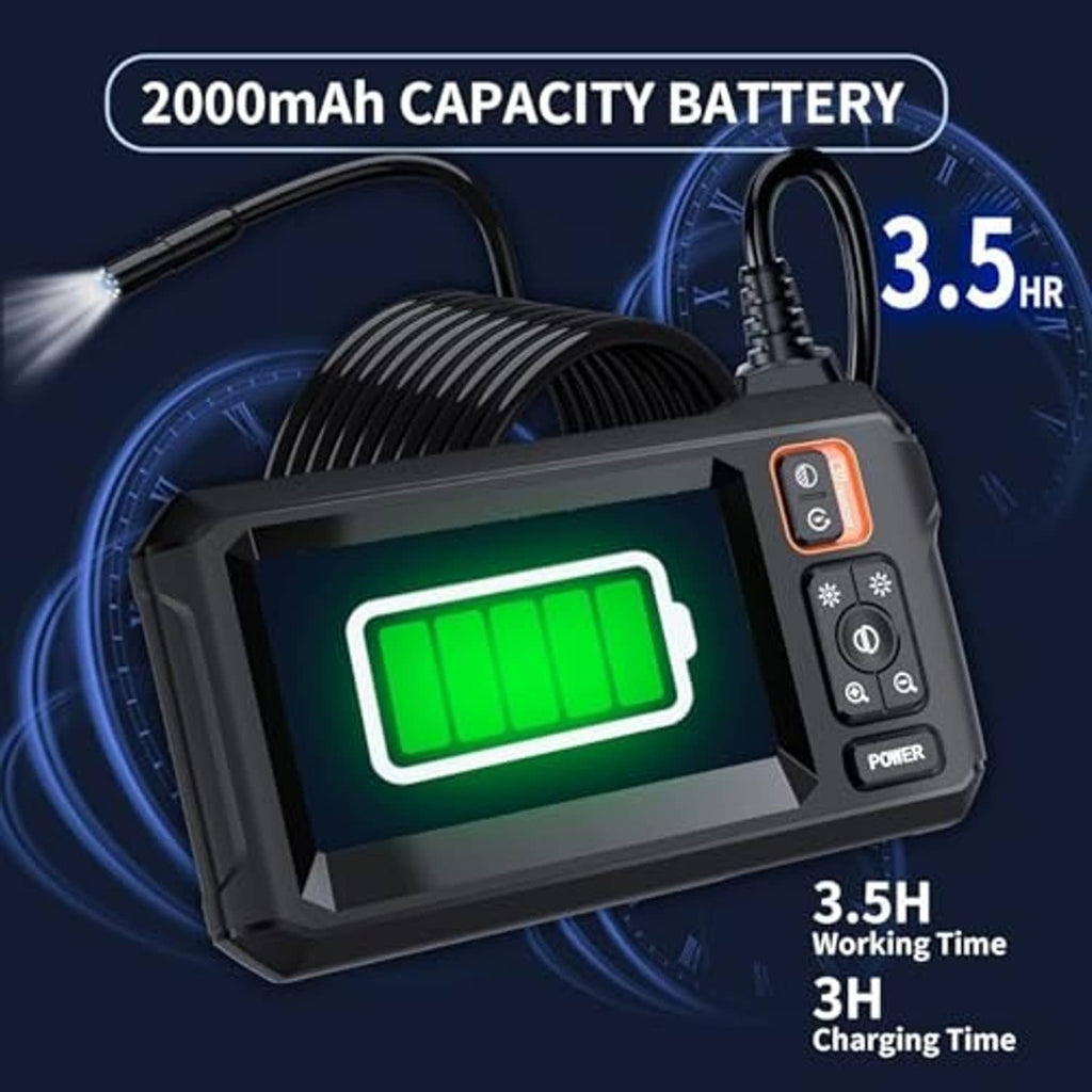 Endoscope camera with battery status displayed on screen, black handheld monitor unit