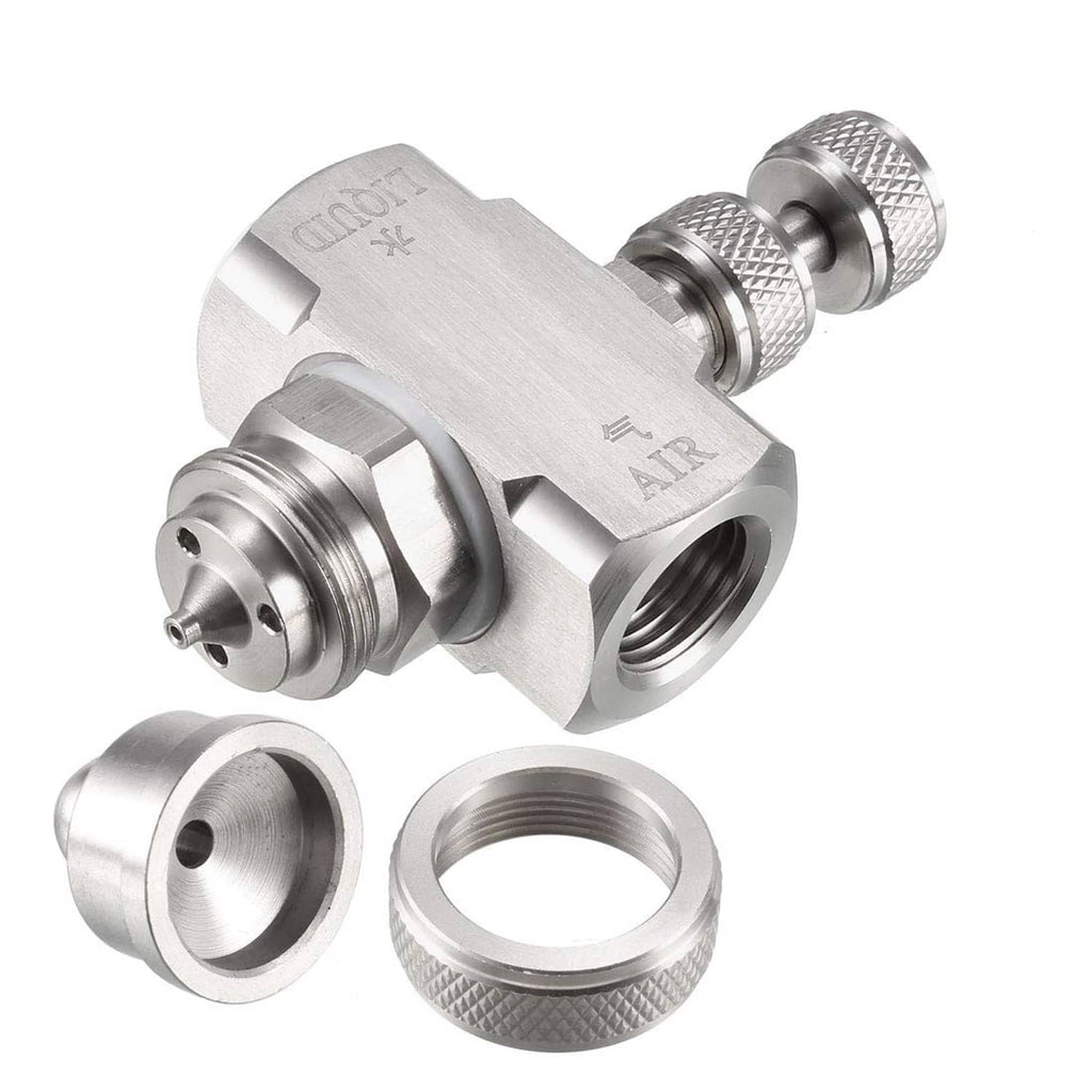 Metal air atomizing nozzle with threaded outlet plus two separate end caps
