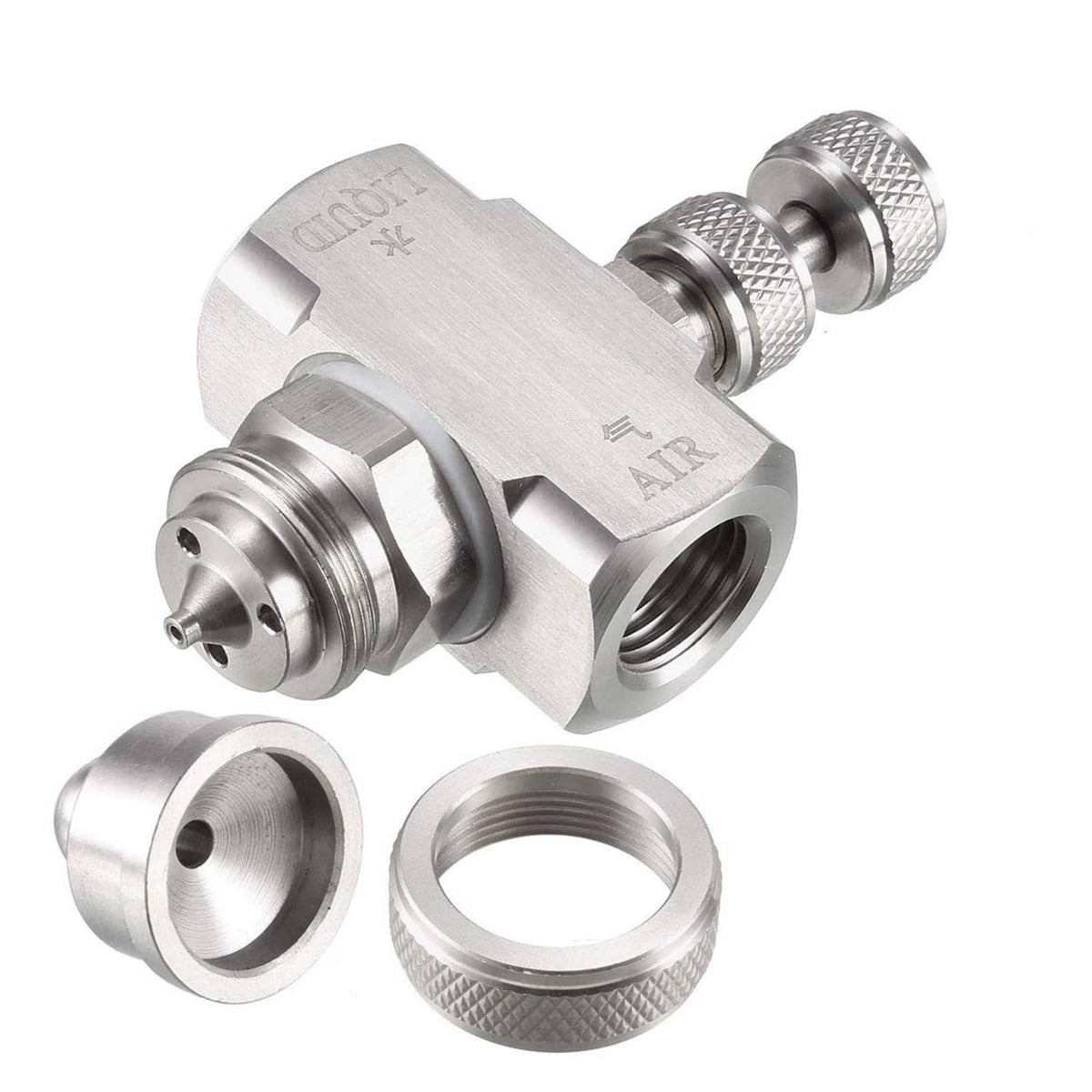Metal air atomizing nozzle with threaded outlet plus two separate end caps