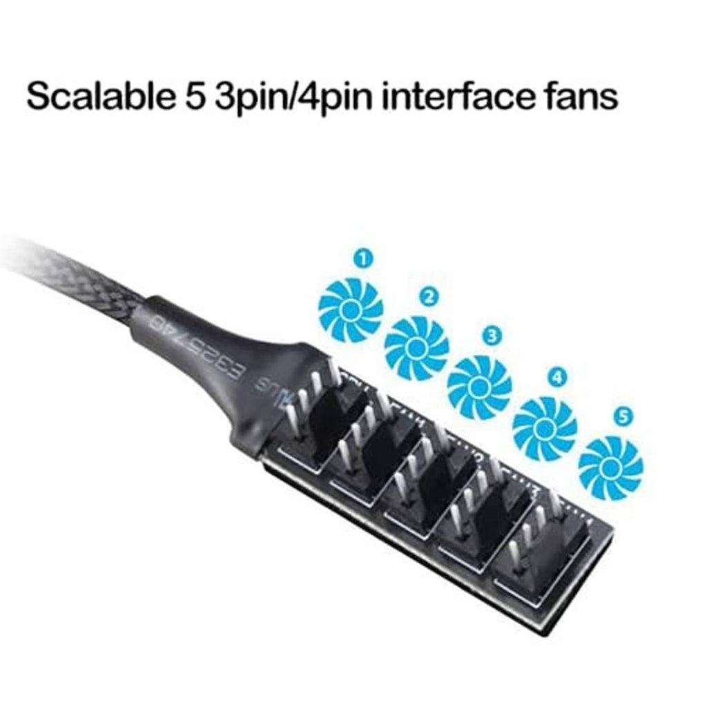 PWM fan hub splitter with five fan headers and black braided cable