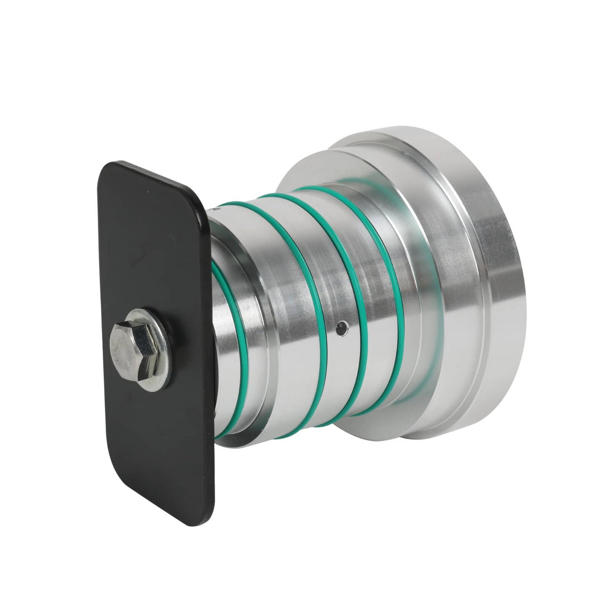 Drum tester tool with green O-ring bands, black mounting plate, and hex fastener