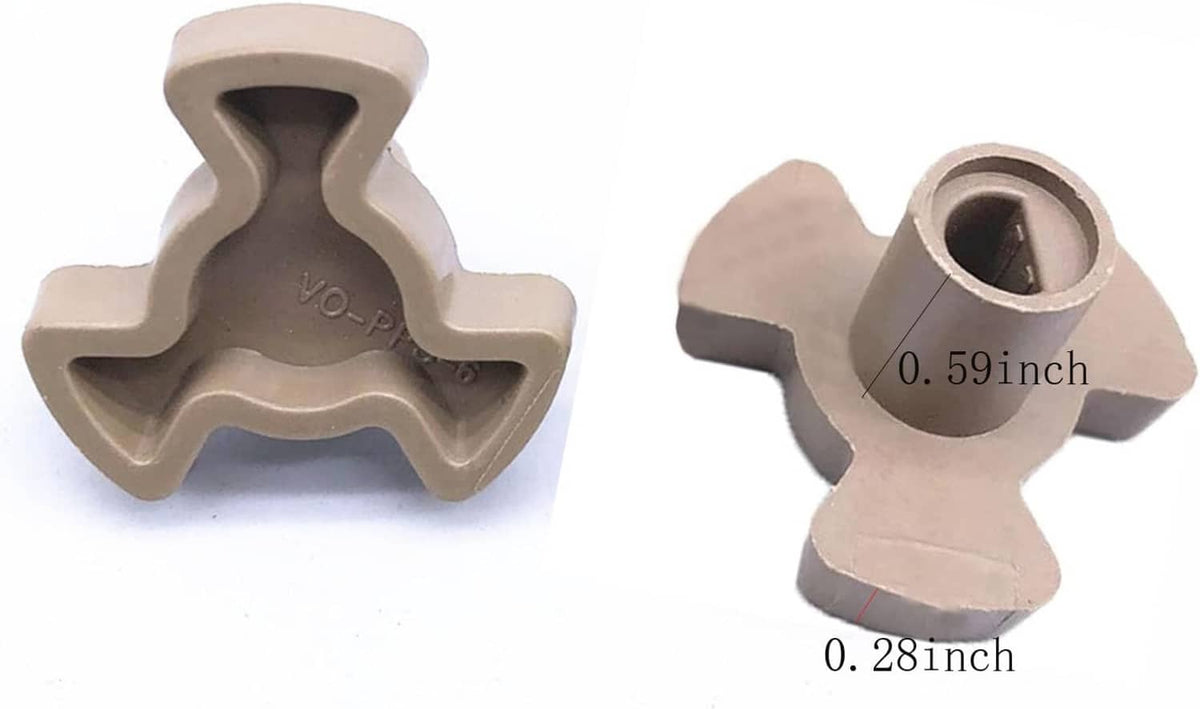 Microwave turntable motor coupler set, beige plastic; sizes 0.59 in and 0.28 in