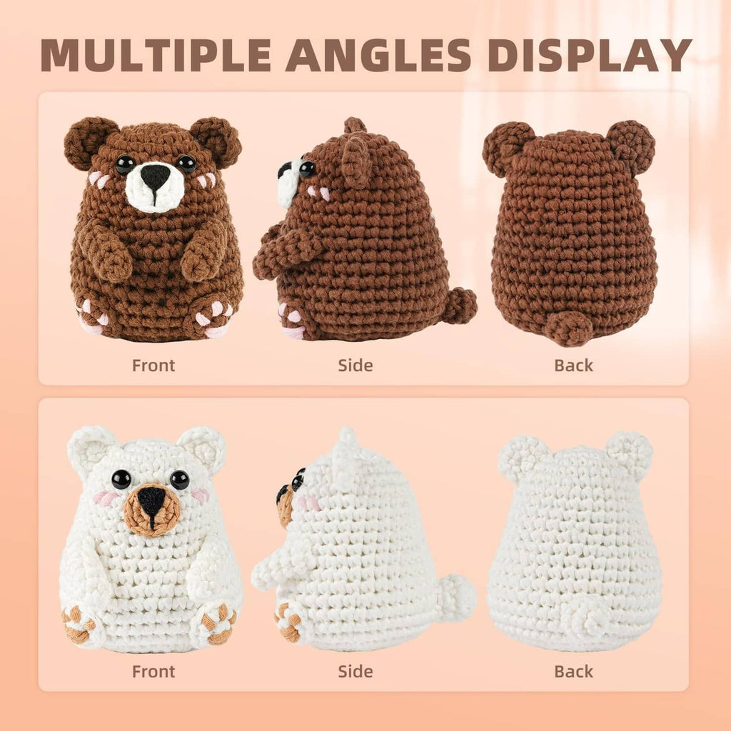 Crochet bear plush set showing brown and white bears from front, side, and back