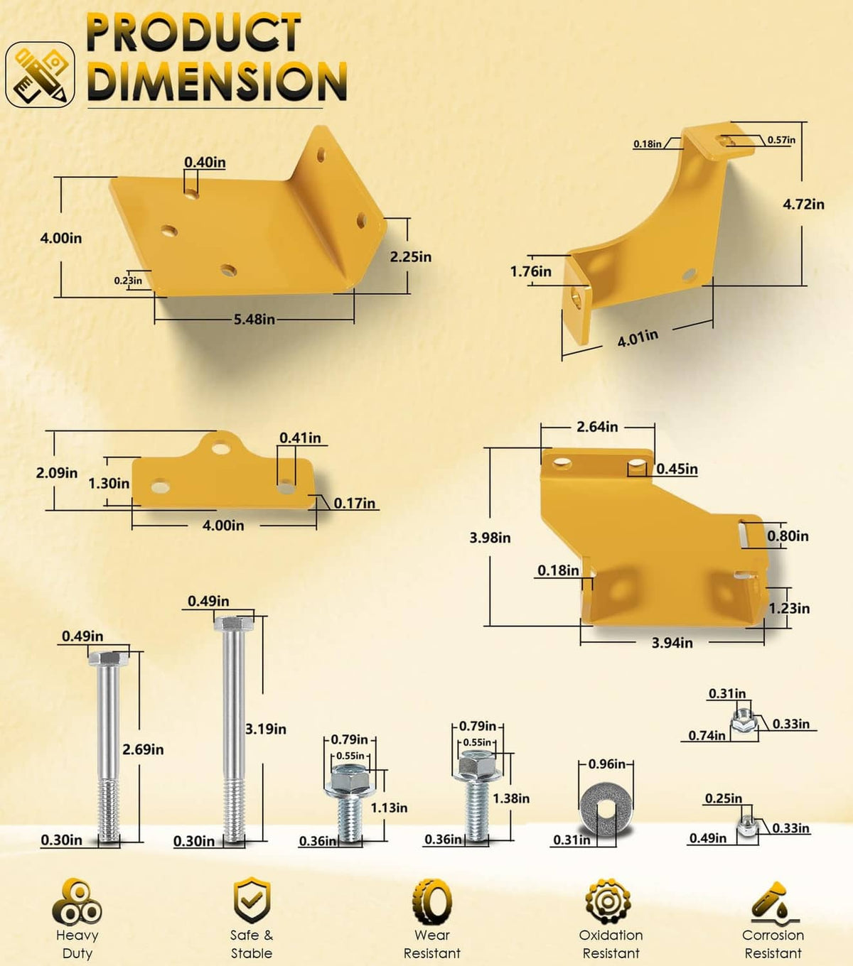 Yellow bracket product dimension diagram with multiple mount shapes and measurement labels.