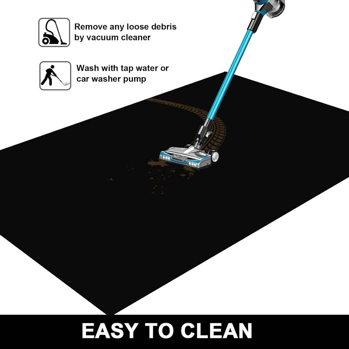Black oil spill mat being cleaned with vacuum and tap-water sprayer