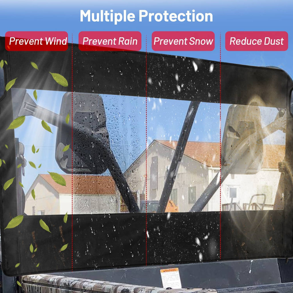 UTV rear window shield with clear panel showing water droplets and debris resistance.