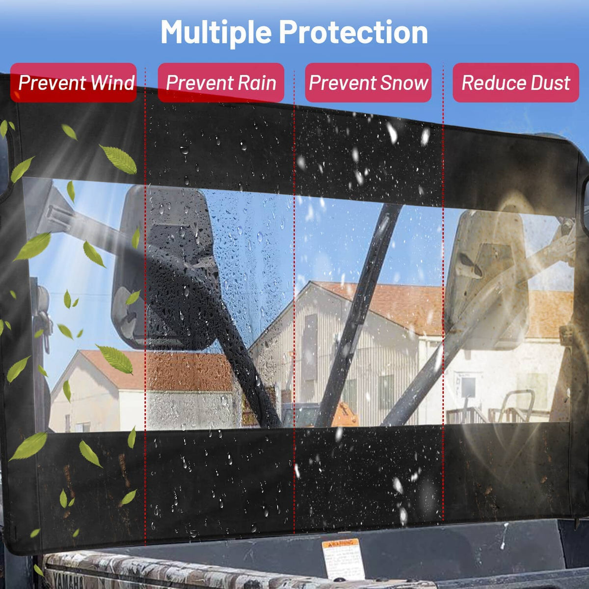 UTV rear window shield with clear panel showing water droplets and debris resistance.