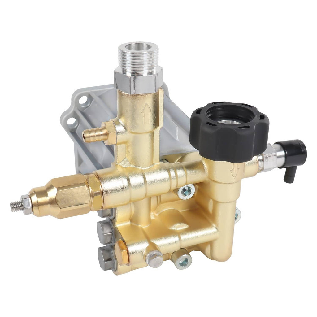 Pressure washer pump with gold housing, black cap, and threaded silver outlet connector