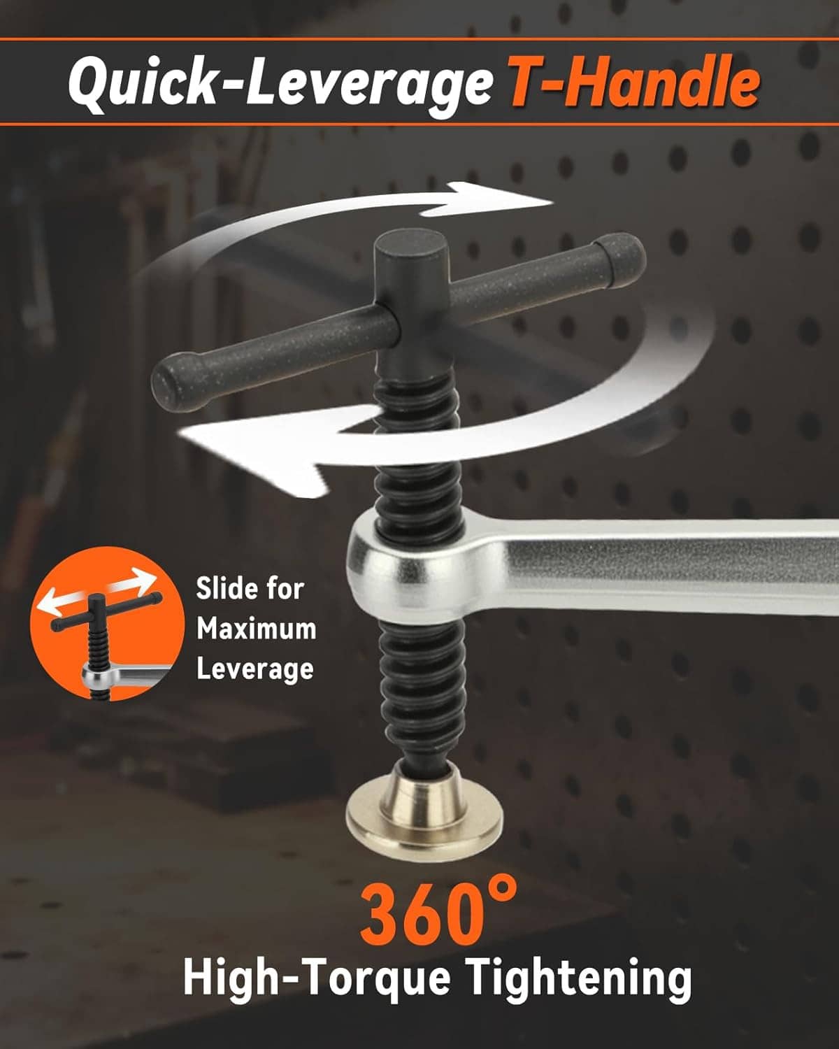 Welding table clamp with T-handle lever, silver base and black threaded screw