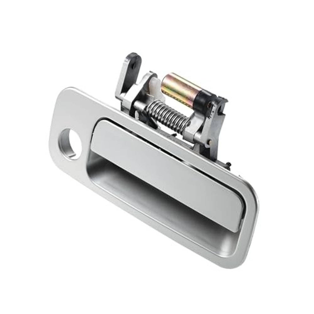 Front right passenger side exterior door handle assembly, silver-gray metal with spring mechanism
