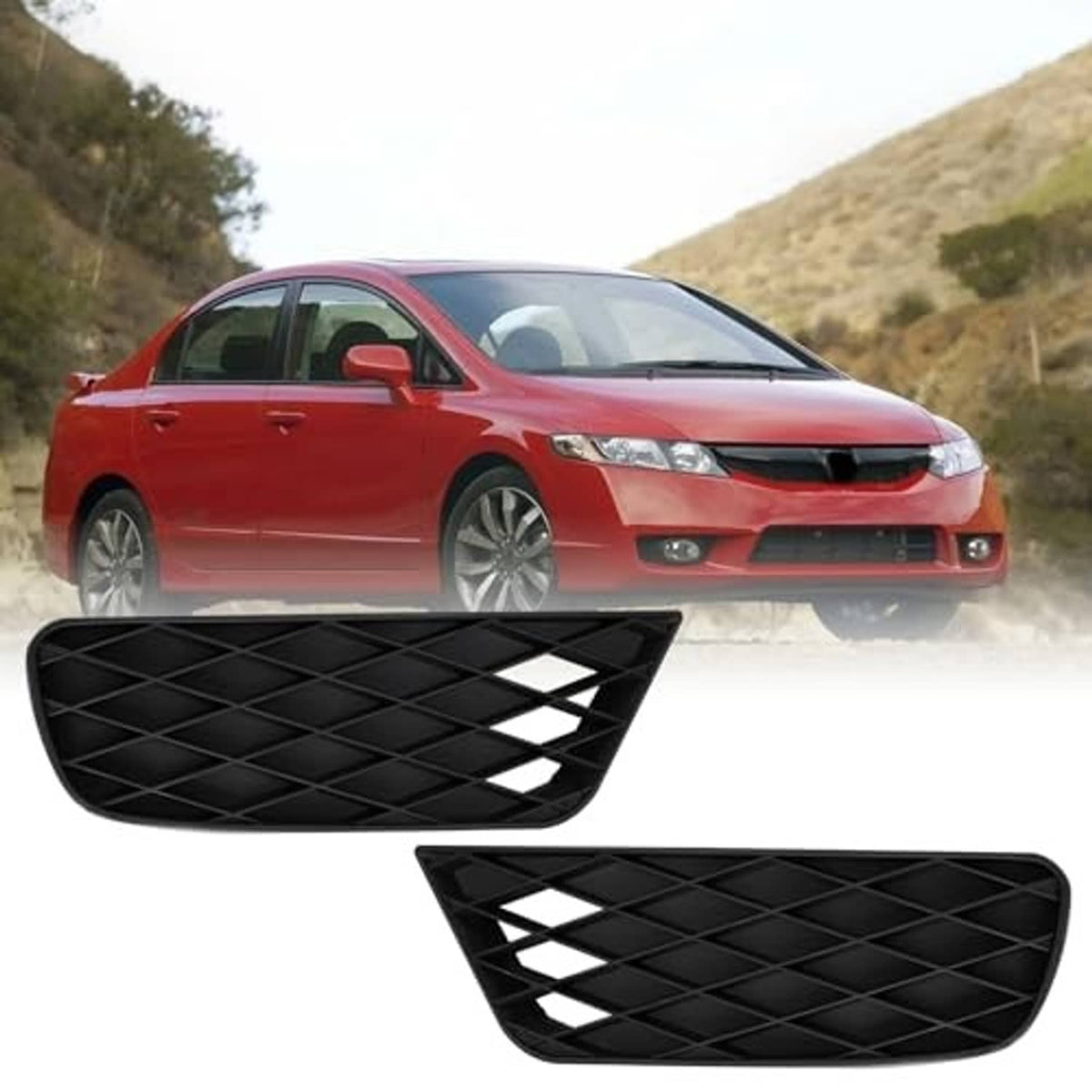 Pair of black fog light covers, front bumper mesh inserts with angular cutout design.