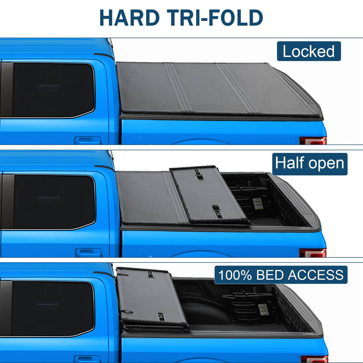 Hard tri-fold tonneau cover shown in locked, half-open, and open bed positions