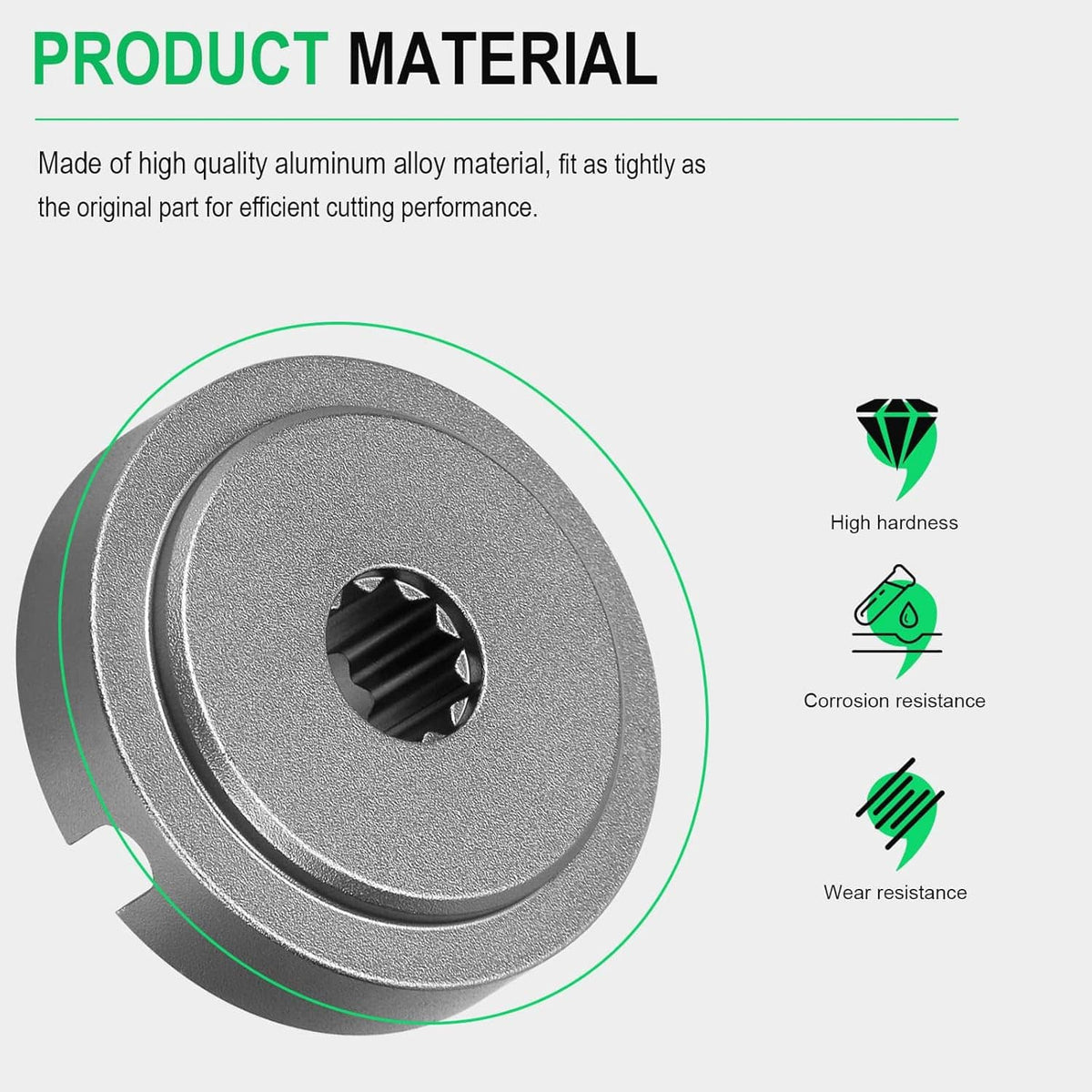 Grass trimmer adapter plate with ribbed drive slot, close-up of textured metal surface