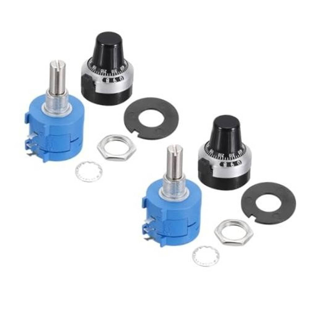 Rotary potentiometer set with two blue base knobs, black caps, and silver adjustment ring