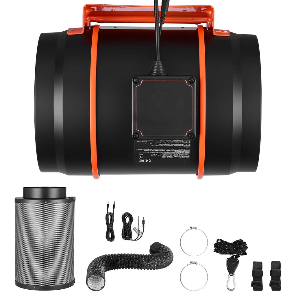 Inline duct fan kit with filter canister, flexible duct hose, cables, and clamps