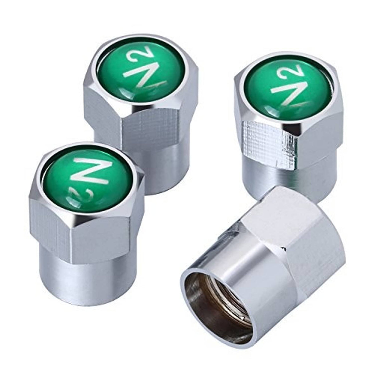 Silver metal tire valve stem caps with green N and N2 inserts, two angled pieces