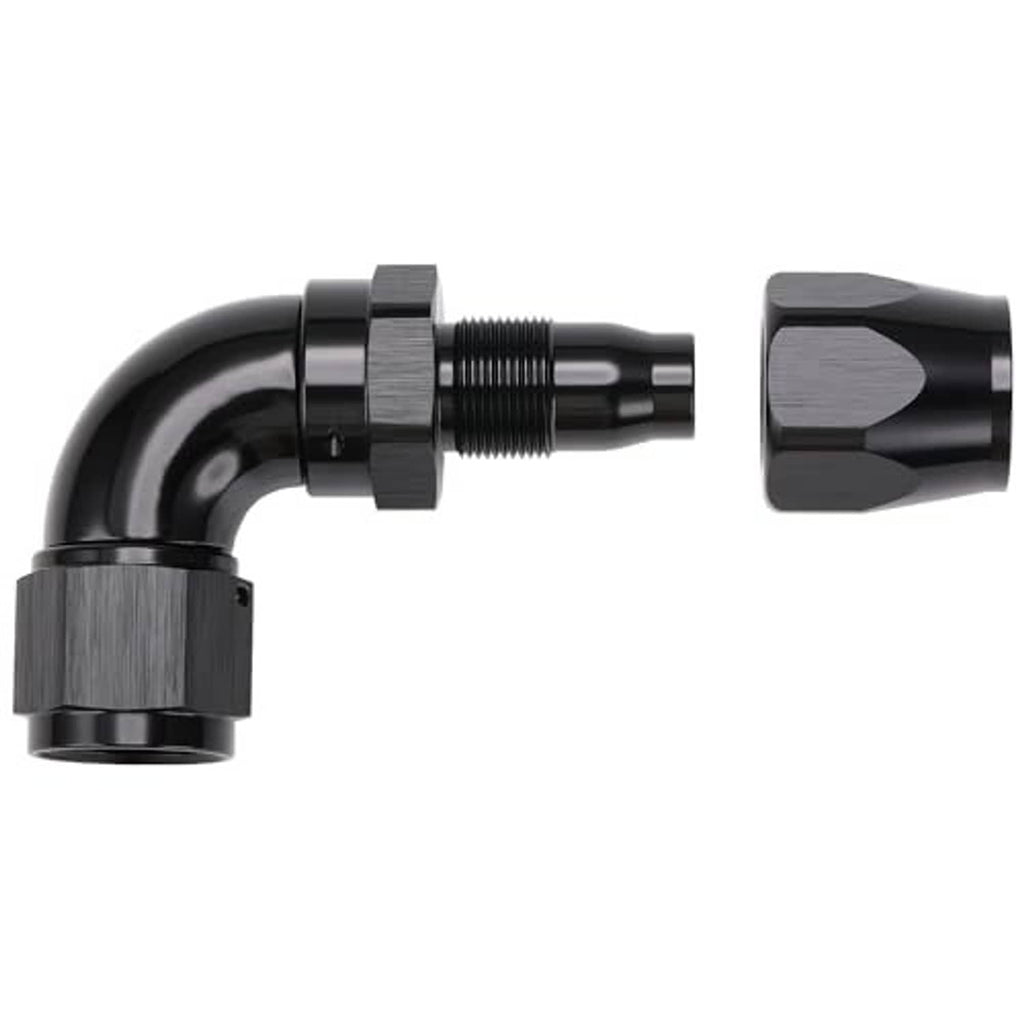 Black 90-degree elbow hose end fitting with external threads and hex body, 10AN