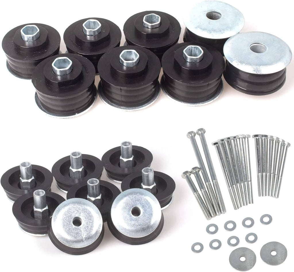 Body mount bushing kit with black rubber sleeves, metal washers, and bolts set