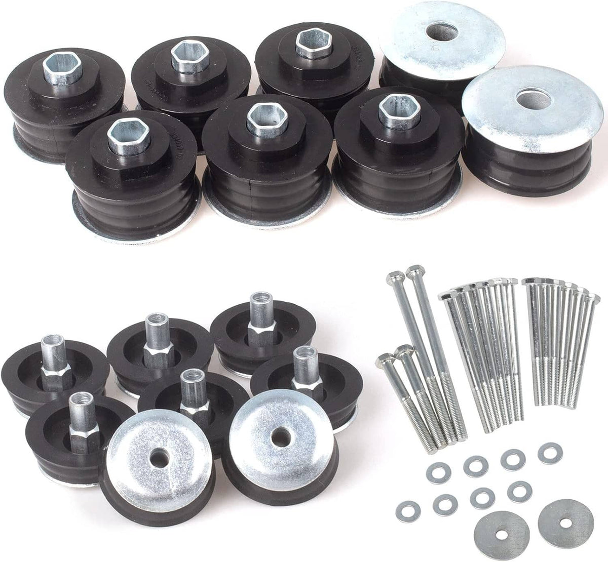 Body mount bushing kit with black rubber sleeves, metal washers, and bolts set