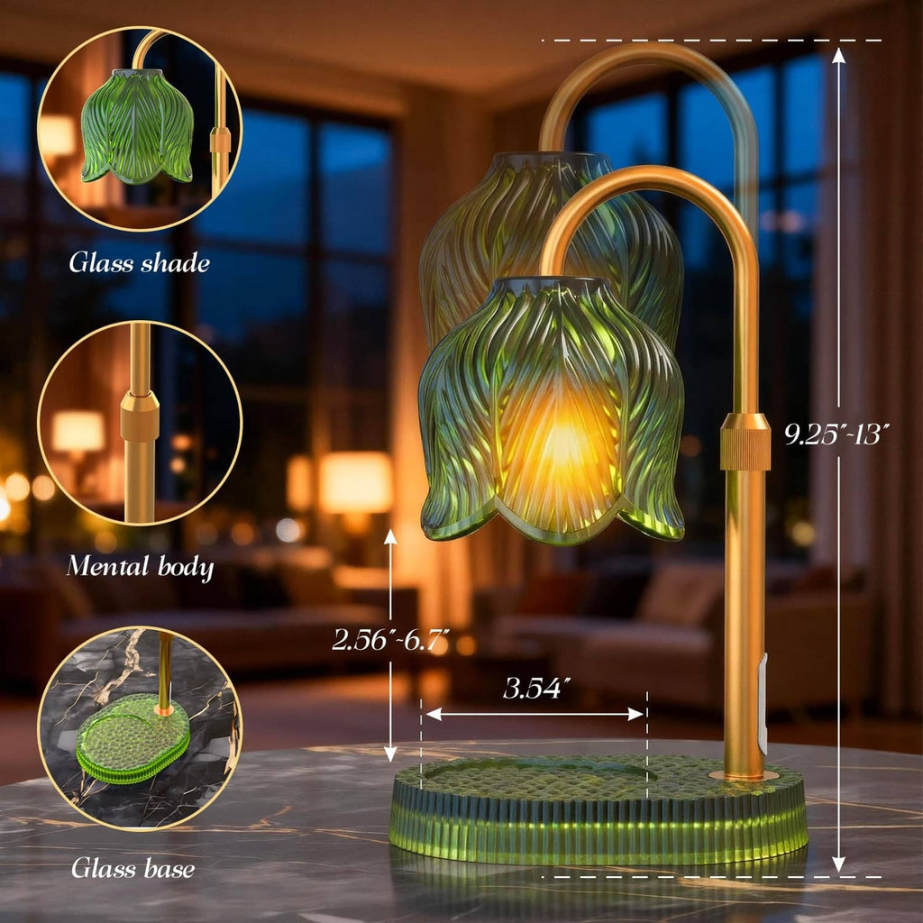 Green flower glass candle warmer lamp with gold pole and base; warm light