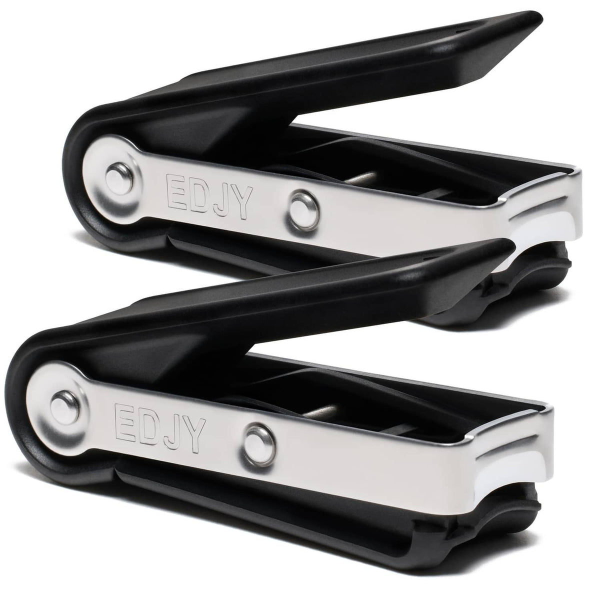 2-pack black stainless steel fingernail clippers with silver jaws and lever, shown open