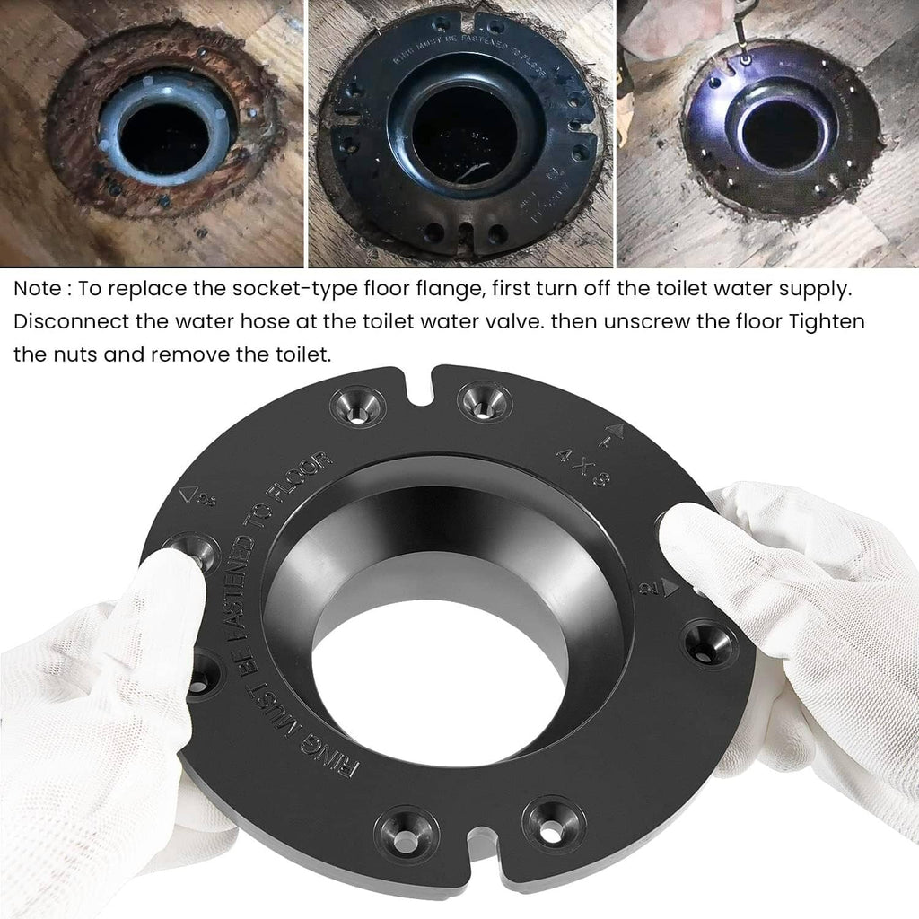 Black toilet floor flange replacement with center opening and bolt holes