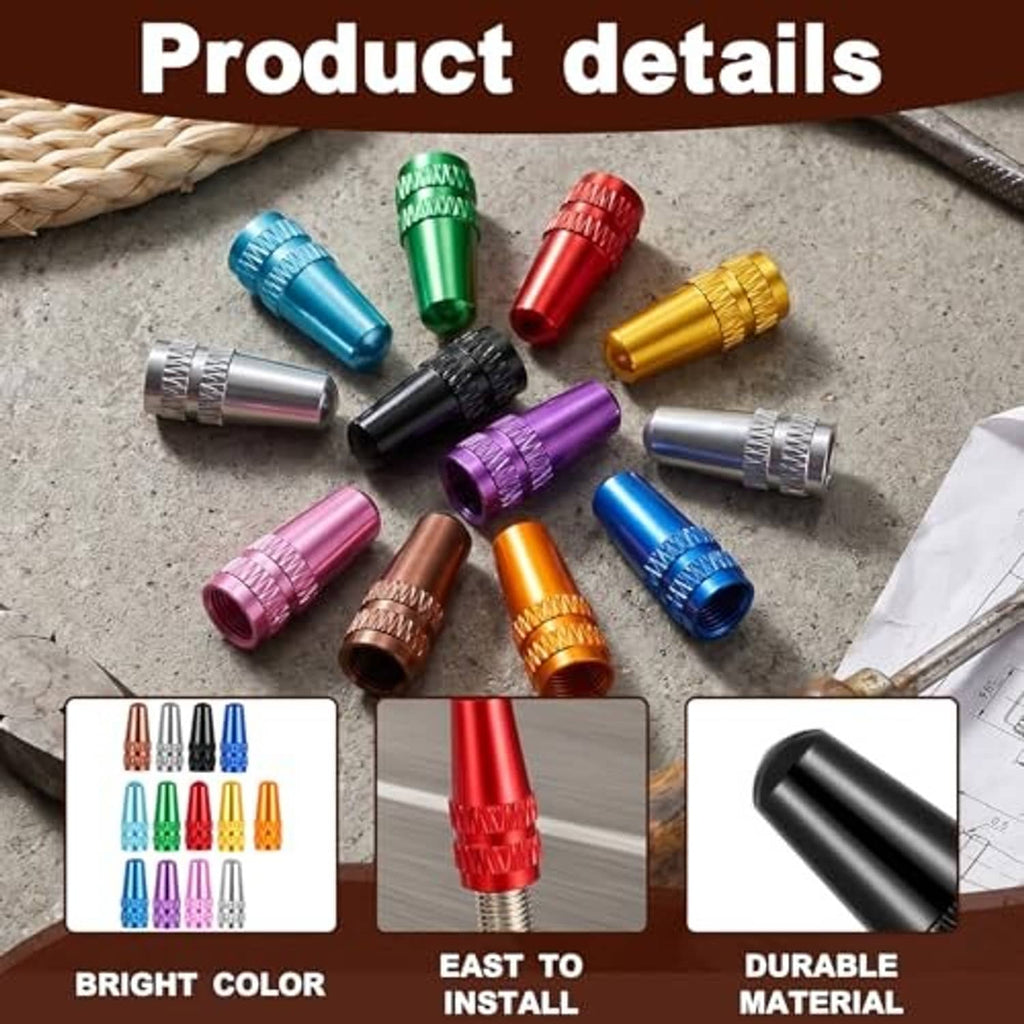 Assorted aluminum Presta valve caps in bright colors, including blue, green, red, gold