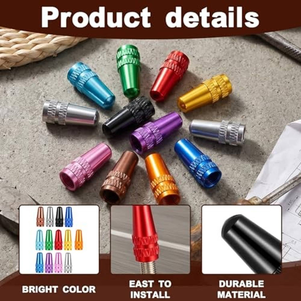 Assorted aluminum Presta valve caps in bright colors, including blue, green, red, gold