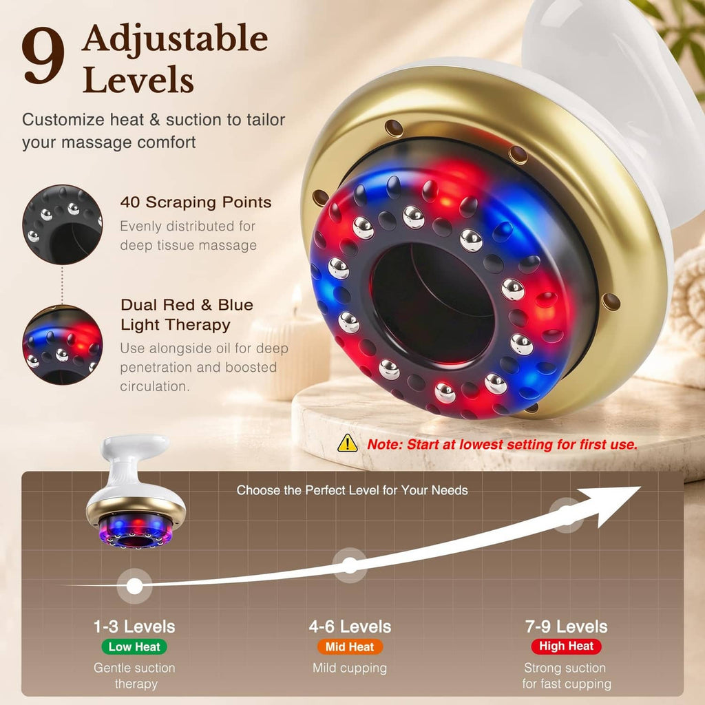 Gold heated cupping head with blue and red light LED pattern