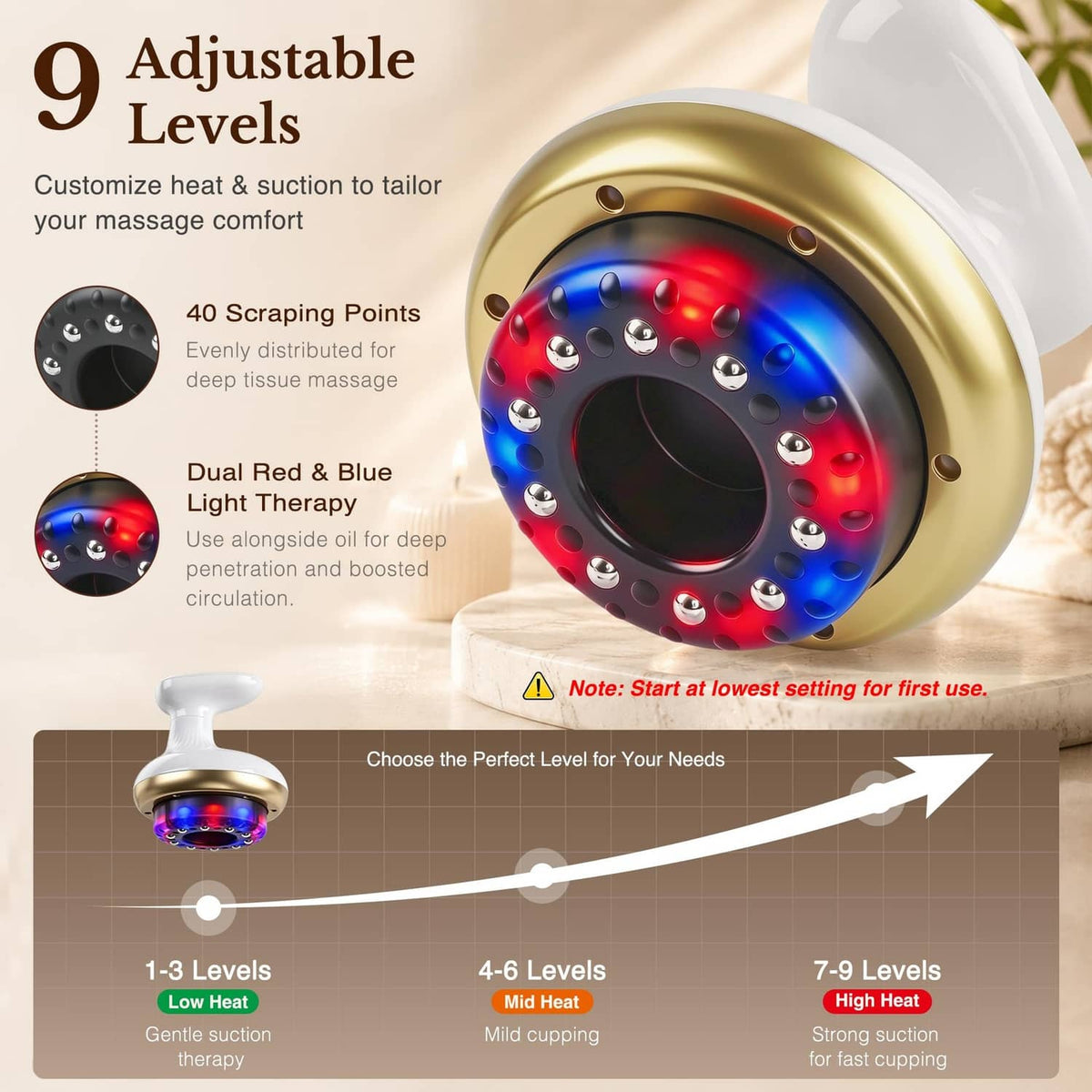 Gold heated cupping head with blue and red light LED pattern