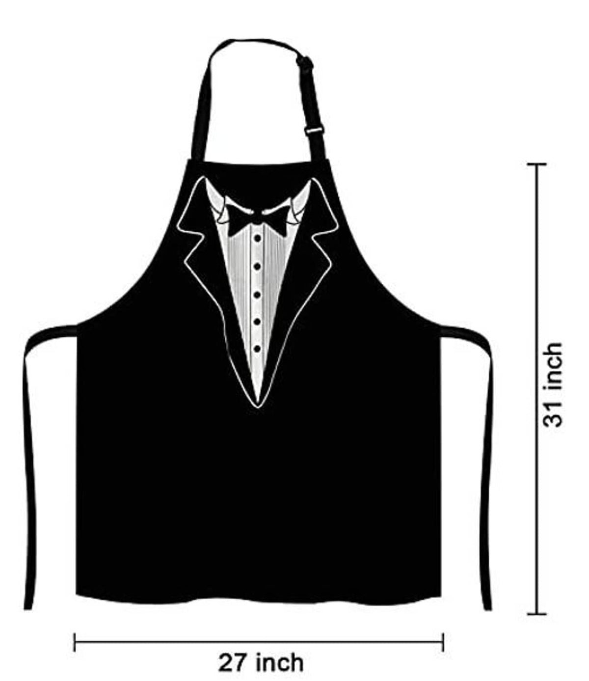Black tuxedo-bib apron with bow tie and buttoned shirt front print.