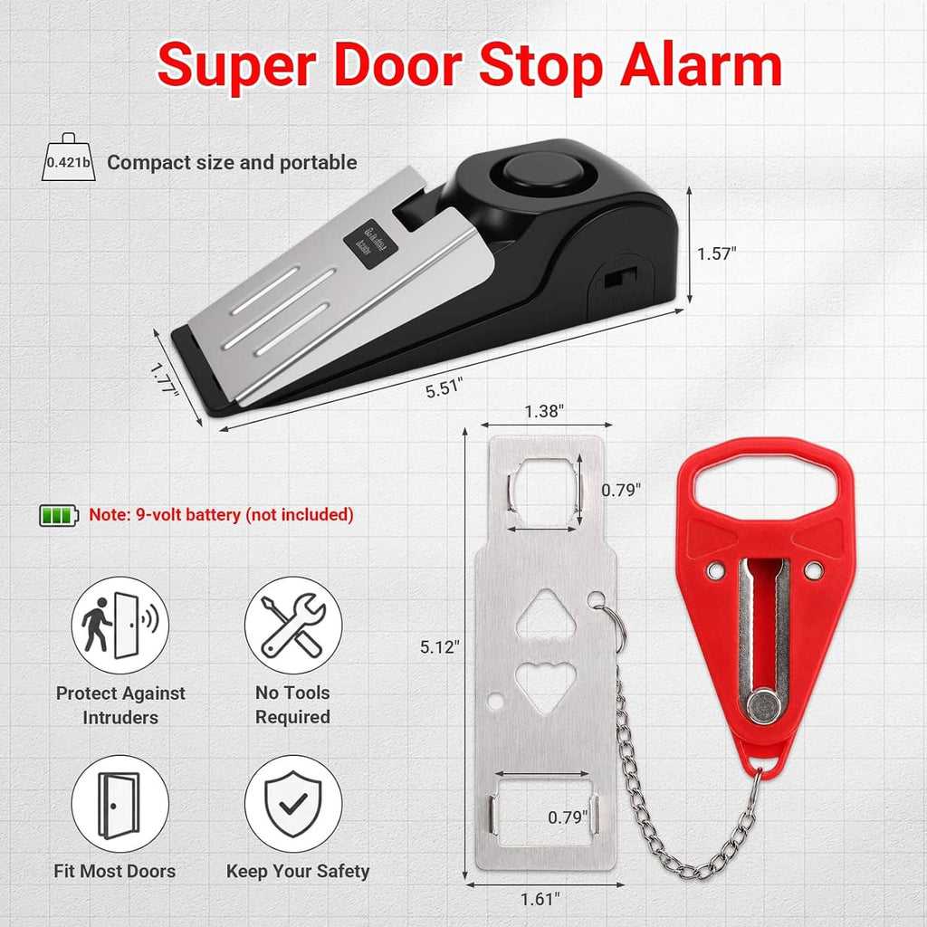 Black door stop alarm wedge with red and silver latch pieces and connecting chain