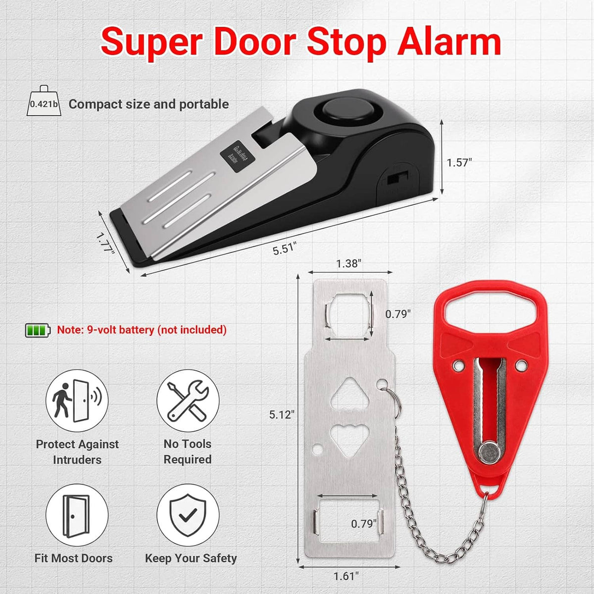 Black door stop alarm wedge with red and silver latch pieces and connecting chain