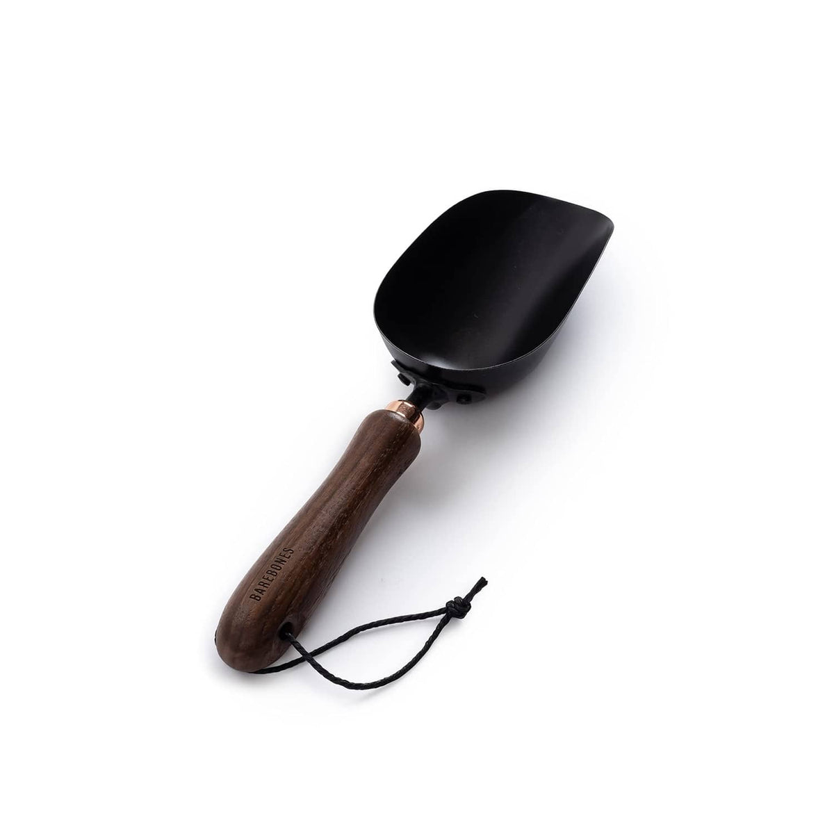 Garden scoop shovel with black scoop, walnut handle, and hanging cord loop