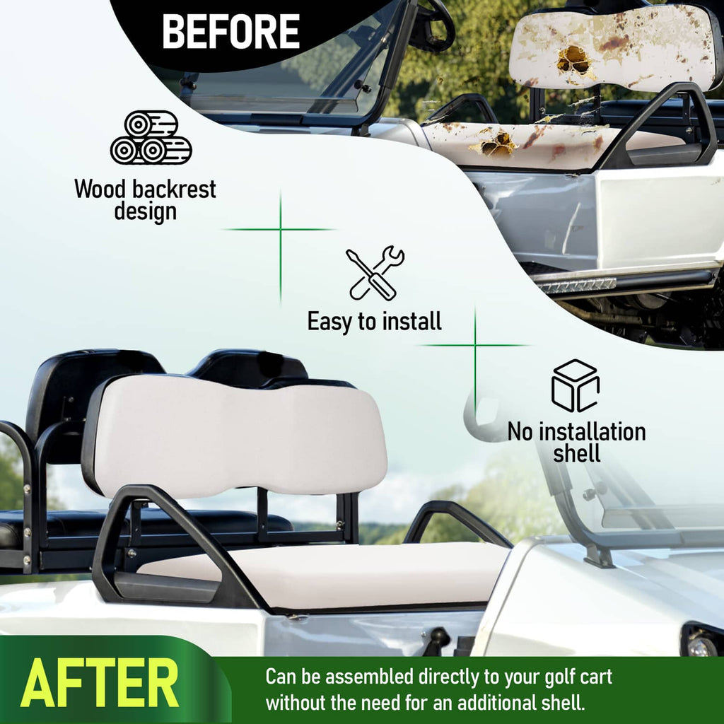 White front seat cushion and backrest with rounded contours on a golf cart